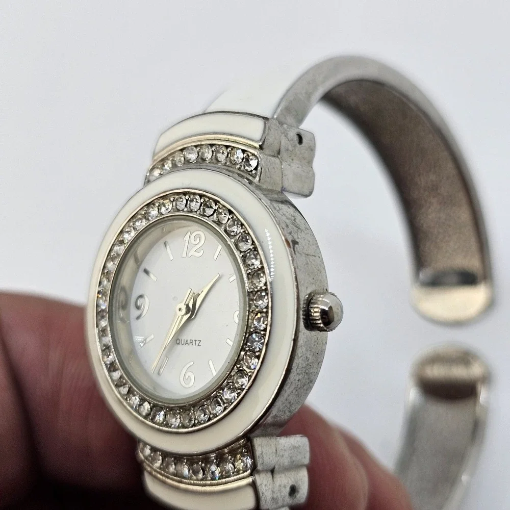 Women's Open Cuff Bangle Watch 27MM White Dial White Gray Bands 5.5